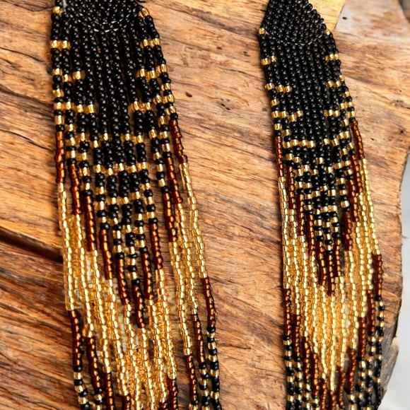 Sexy Dramatic Black and Gold Glass Beaded Fringe Earrings Handmade - Picture 4 of 16